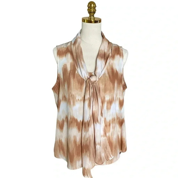 BAR III | Women’s Tie Dye Hazelnut Combo Print Bow Sleeveless Blouse Size L - Picture 2 of 10